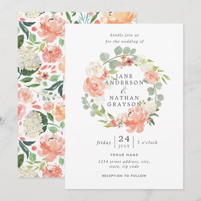 Invitation Couronne de mariage florale aquarelle pêche rose (Devant / Derrière)