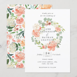 Invitation Couronne de mariage florale aquarelle pêche rose