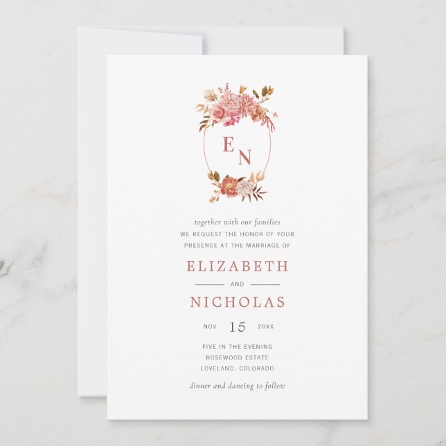 Invitation Couronne de mariage florale aquarelle vintage (Devant)