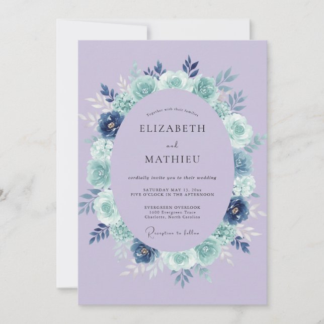 Invitation Couronne de mariage florale bleu lavande (Devant)