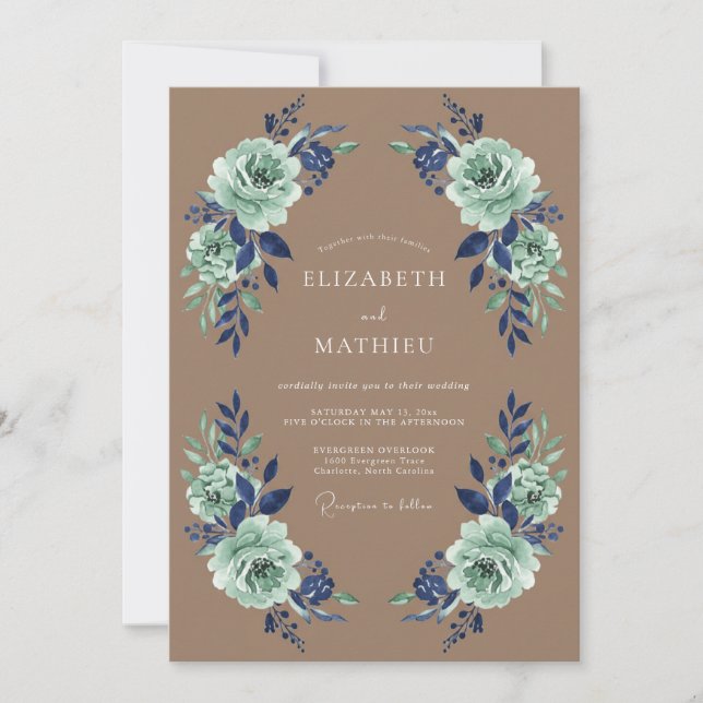 Invitation Couronne de mariage florale bleu menthe (Devant)