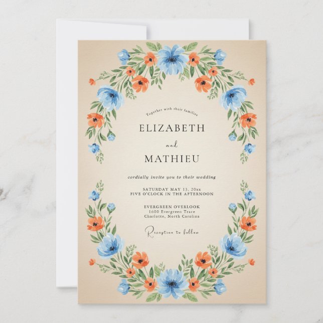 Invitation Couronne de mariage florale bleue orange (Devant)