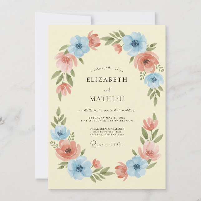 Invitation Couronne de mariage florale bleue pêche (Devant)