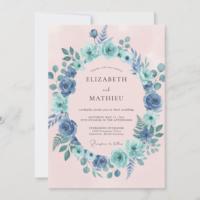 Invitation Couronne de mariage florale bleue verte (Devant)