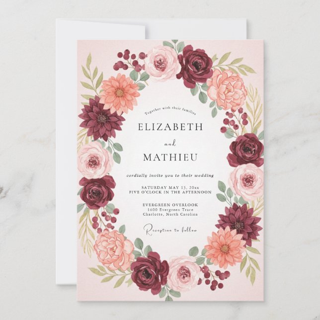 Invitation Couronne de mariage florale botanique de Bourgogne (Devant)