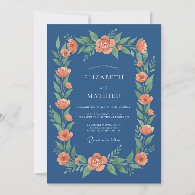 Invitation Couronne de mariage florale corail marine (Devant)