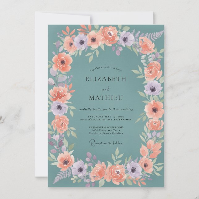 Invitation Couronne de mariage florale douce sarcelle (Devant)