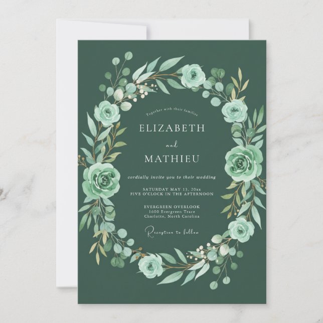 Invitation Couronne de mariage florale émeraude (Devant)