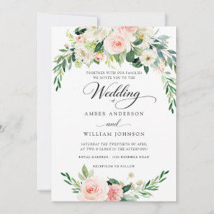 Invitation Couronne de mariage florale en ivoire rose élégant
