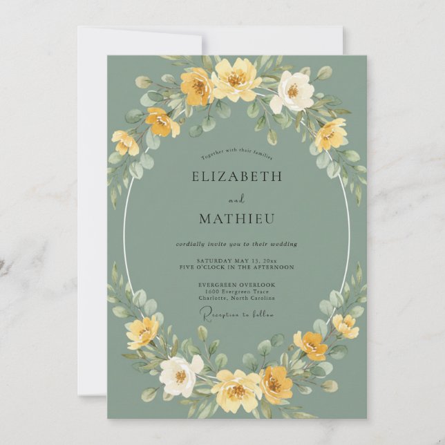 Invitation Couronne de mariage florale jaune sage (Devant)