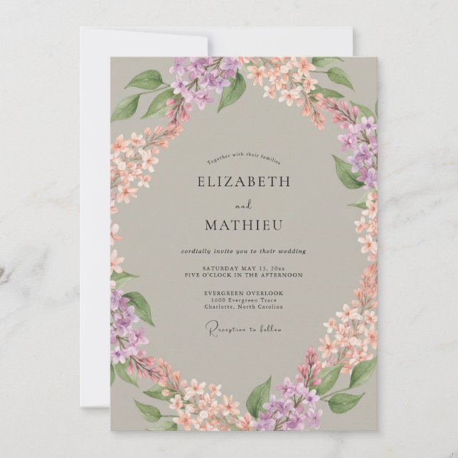 Invitation Couronne de mariage florale Lavande Pêche (Devant)