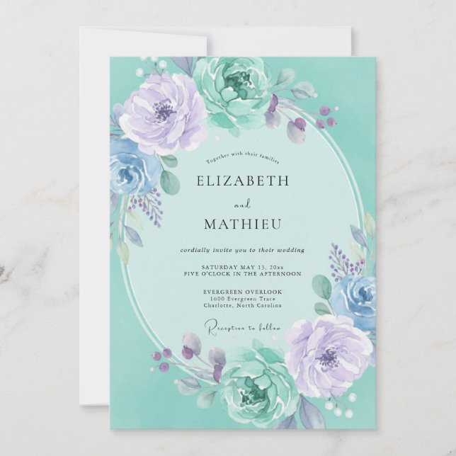 Invitation Couronne de mariage florale lavande sarcelle (Devant)