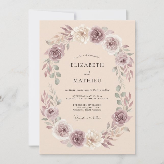 Invitation Couronne de mariage florale mauve (Devant)