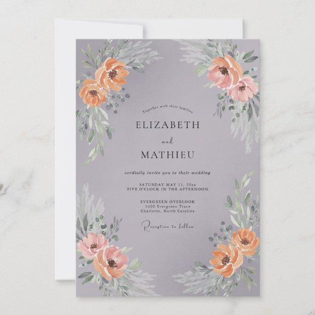Invitation Couronne de mariage florale pêche grise (Devant)