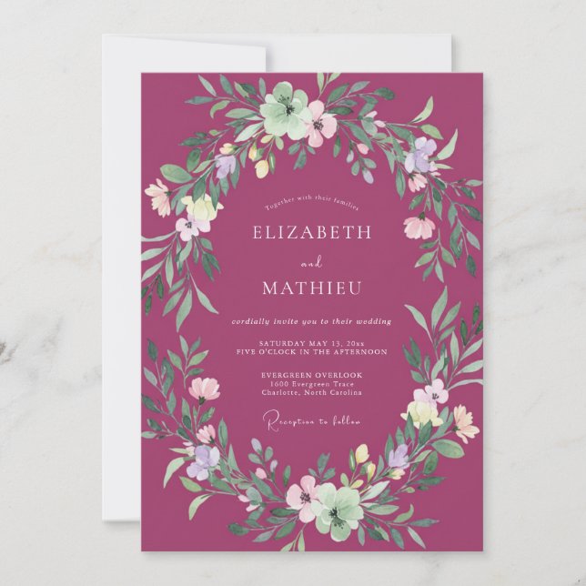 Invitation Couronne de mariage florale peintre prune (Devant)