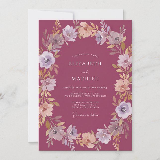 Invitation Couronne de mariage florale prune (Devant)