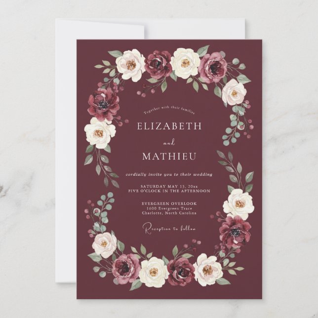 Invitation Couronne de mariage florale romantique de Bourgogn (Devant)