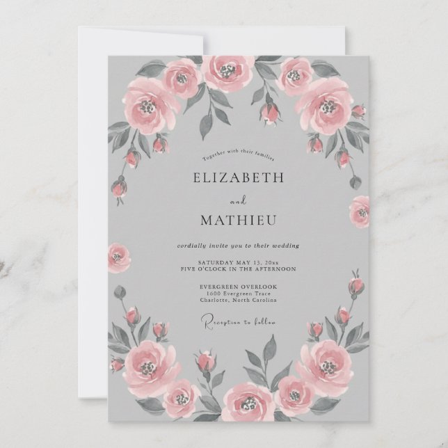 Invitation Couronne de mariage florale romantique rose (Devant)