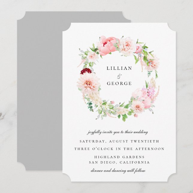 Invitation Couronne de mariage florale rose élégante (Devant / Derrière)