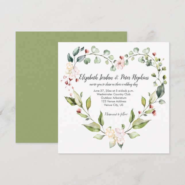 Invitation Couronne de mariage florale rose pêche blanc vert (Devant / Derrière)