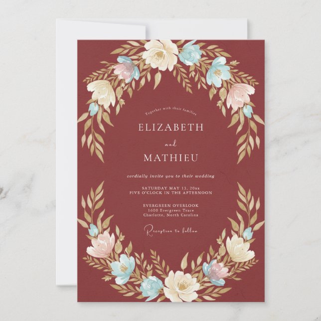 Invitation Couronne de mariage florale rustique de Bourgogne (Devant)