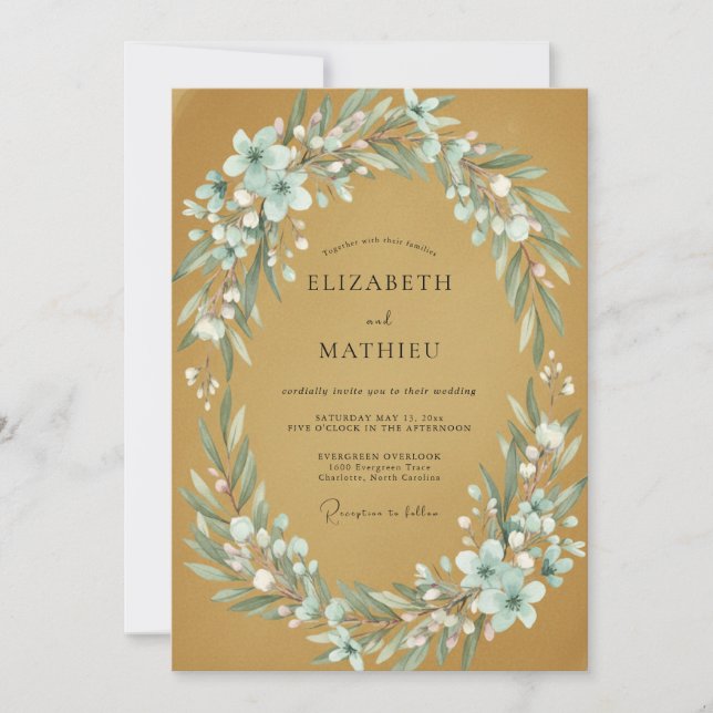 Invitation Couronne de mariage florale rustique en or (Devant)
