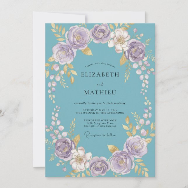 Invitation Couronne de mariage florale sarcelle (Devant)