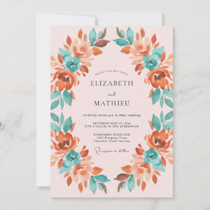 Invitation Couronne de mariage florale sarcelle corail