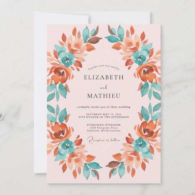 Invitation Couronne de mariage florale sarcelle corail (Devant)