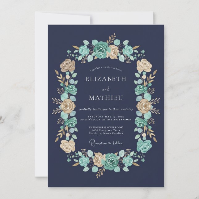 Invitation Couronne de mariage florale sarcelle marine (Devant)