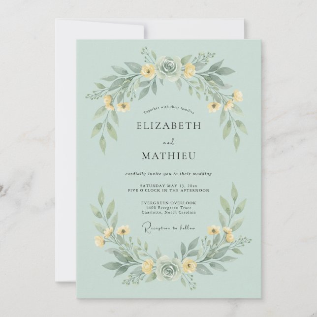 Invitation Couronne de mariage florale vert pâle (Devant)