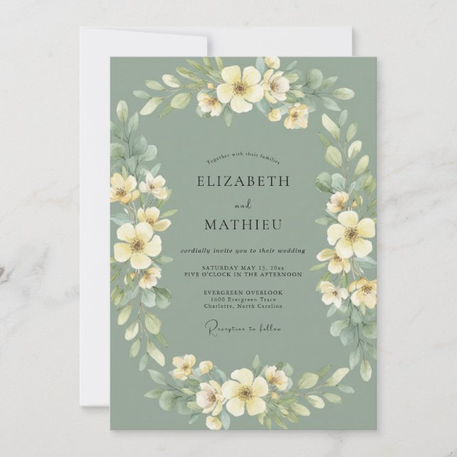 Invitation Couronne de mariage florale vert sauge (Devant)