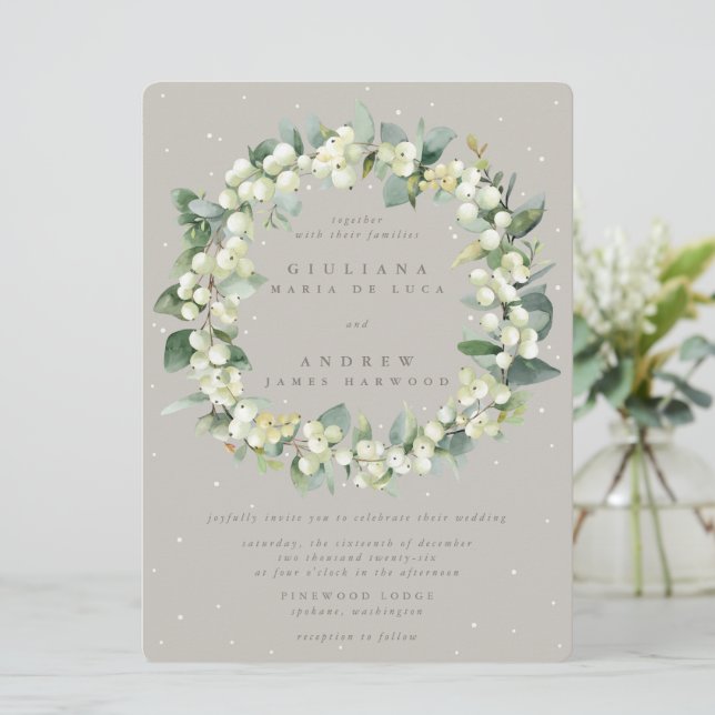 Invitation Couronne de mariage grande Greige Snowberry + Euca (Debout devant)