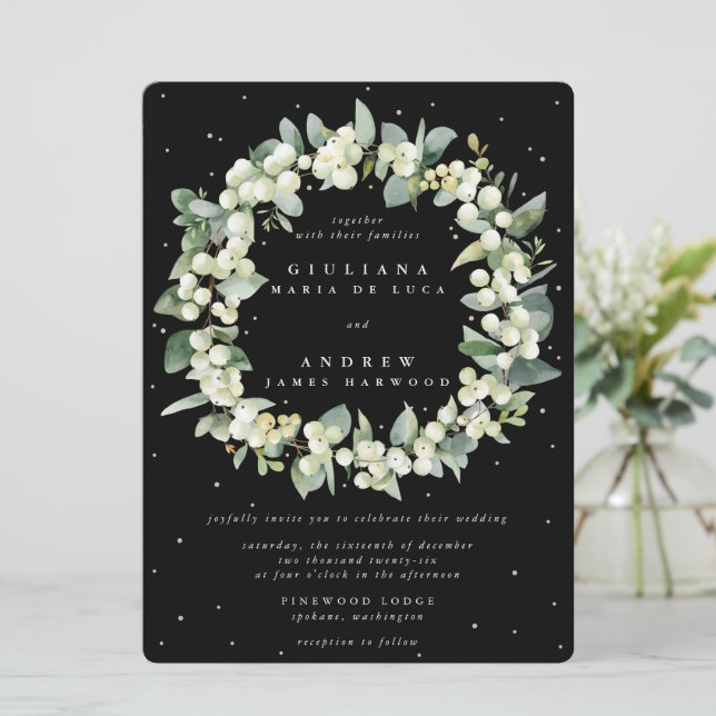 Invitation Couronne de mariage Grande Mûre de neige noire + E (Debout devant)