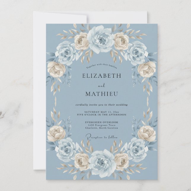 Invitation Couronne de mariage ivoire et bleuet (Devant)