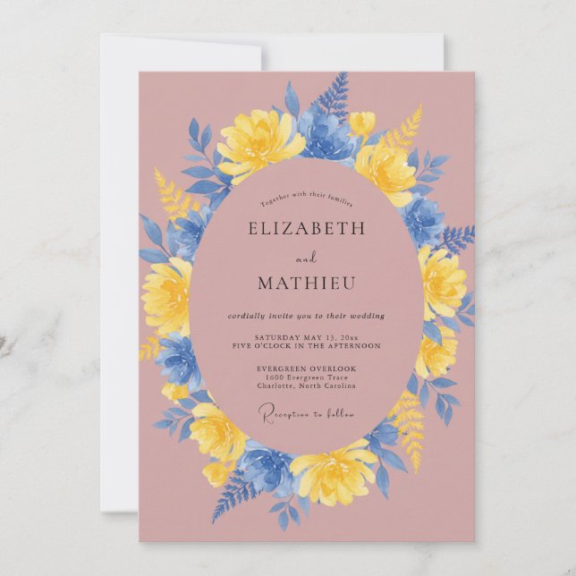 Invitation Couronne de mariage jaune bleuet mauve (Devant)