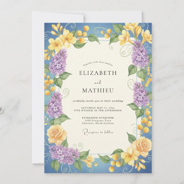 Invitation Couronne de mariage jaune classique bleu barbeau (Devant)