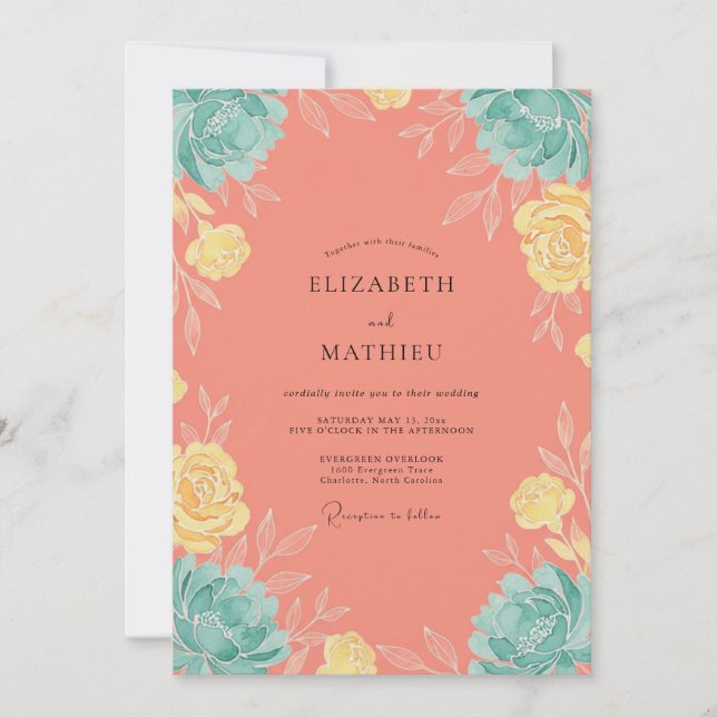 Invitation Couronne de mariage jaune corail (Devant)