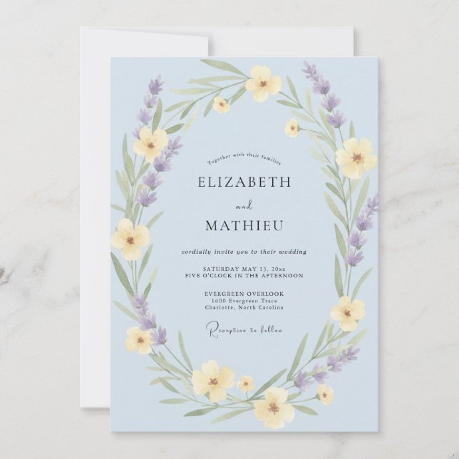 Invitation Couronne de mariage jaune délicat de bleuet (Devant)