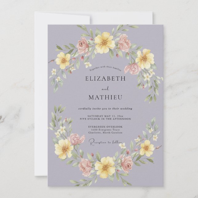 Invitation Couronne de mariage jaune mauve (Devant)