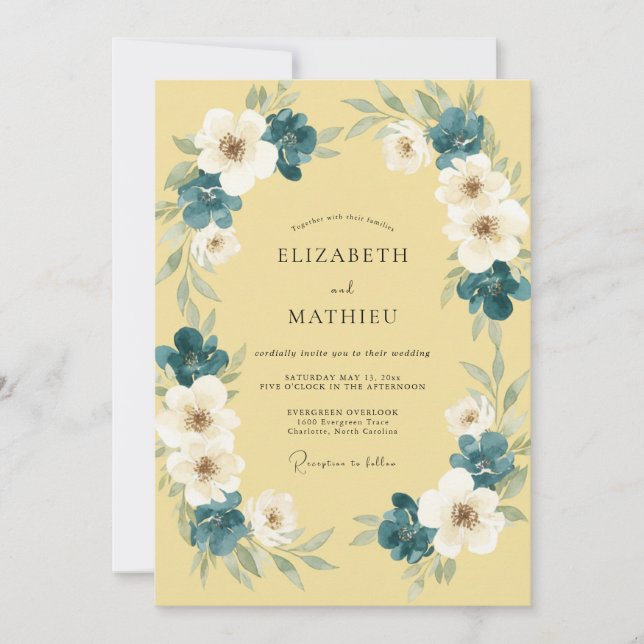 Invitation Couronne de mariage jaune pâle sarcelle (Devant)