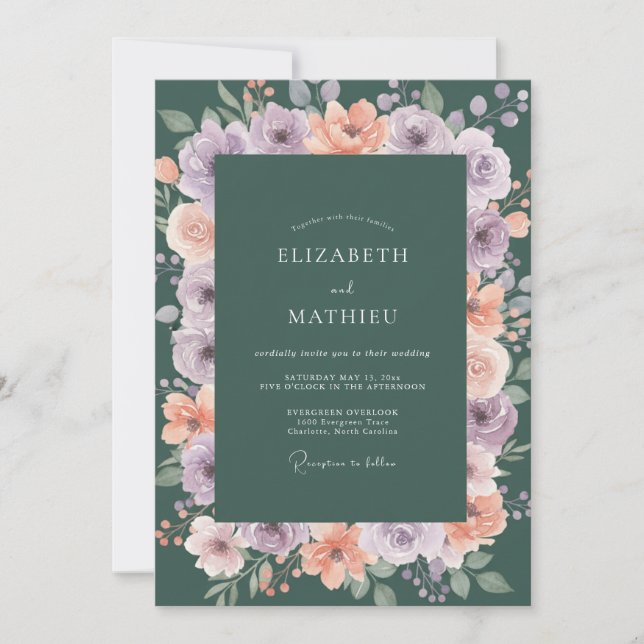 Invitation Couronne de mariage lilas abricot sarcelle (Devant)