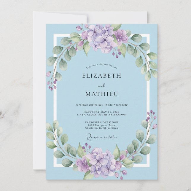 Invitation Couronne de mariage lilas azur (Devant)