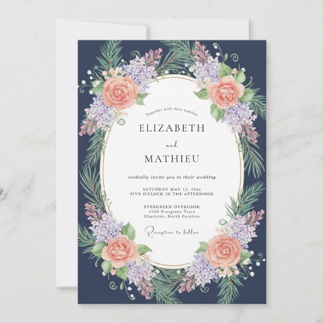 Invitation Couronne de mariage Lilas Corail de Minuit (Devant)