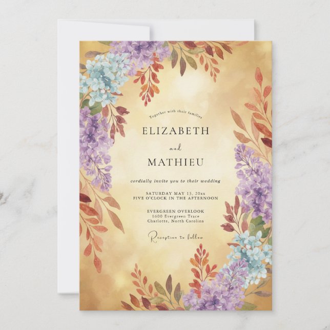 Invitation Couronne de mariage lilas doré antique (Devant)