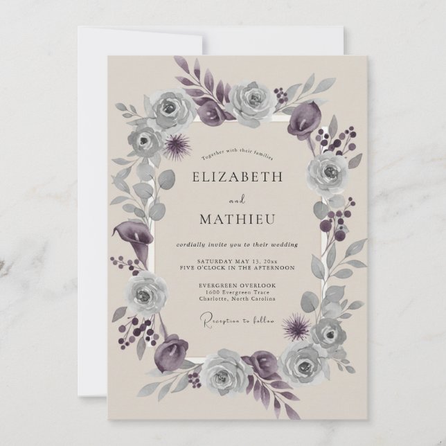 Invitation Couronne de mariage lilas poussiéreuse argentée (Devant)