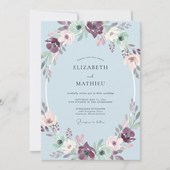 Invitation Couronne de mariage mauve azur (Devant)