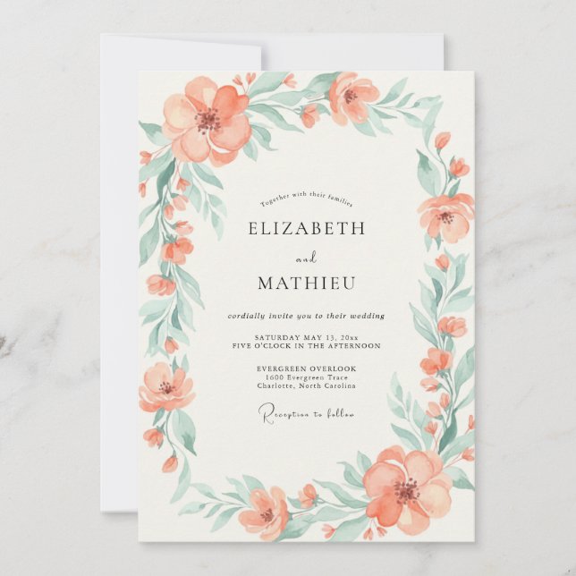 Invitation Couronne de mariage Menthe Corail (Devant)