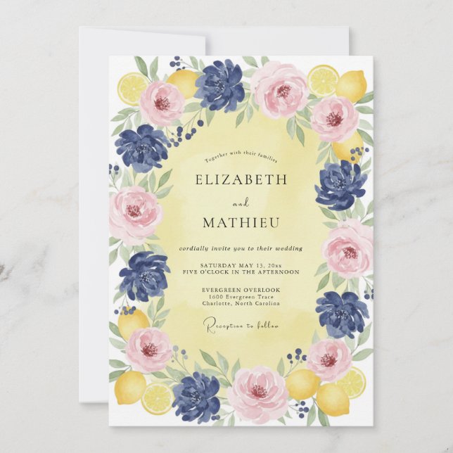 Invitation Couronne de mariage Navy Blush Lemon (Devant)