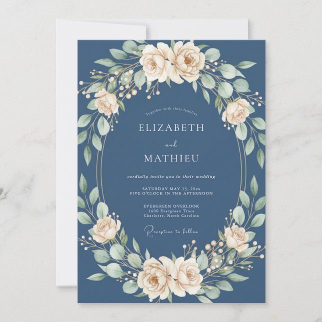 Invitation Couronne de mariage Navy Cream Blossom (Devant)